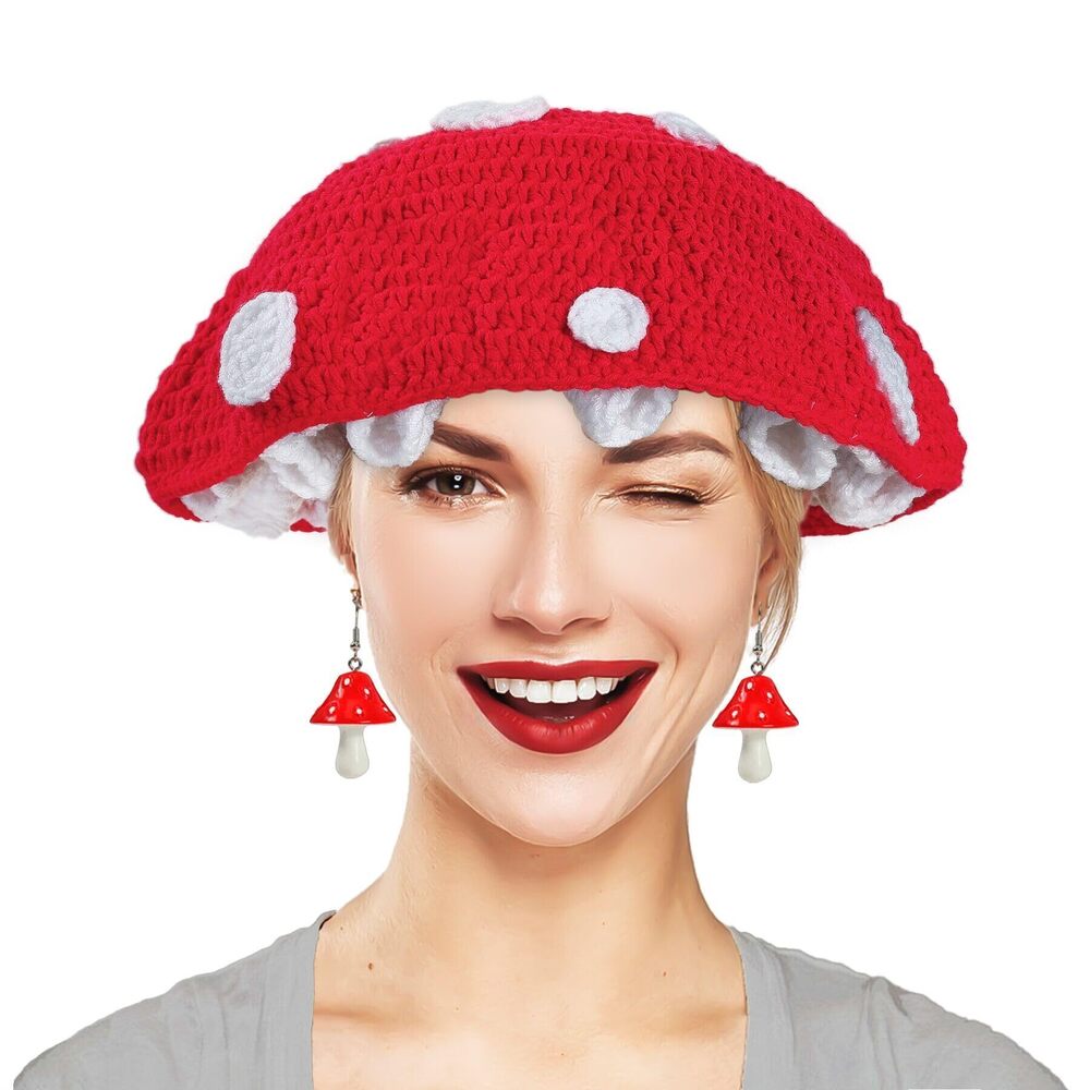 6728 Large Red Mushroom Hat - Crochet Mushroom Costume, Mushroom Ear